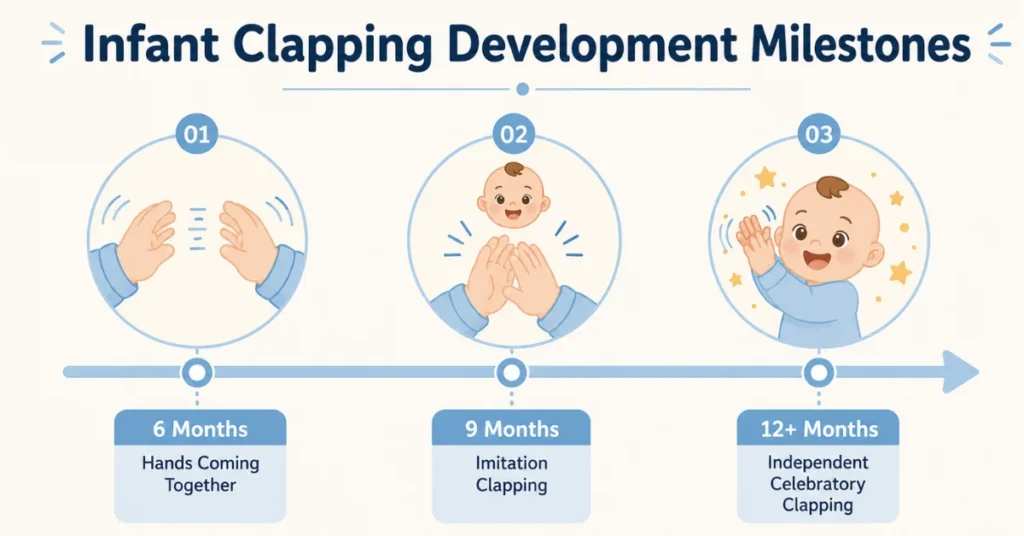 Infant clapping timeline: 6 months hands together, 9 months imitation clapping, 12+ months independent - blue infographic
