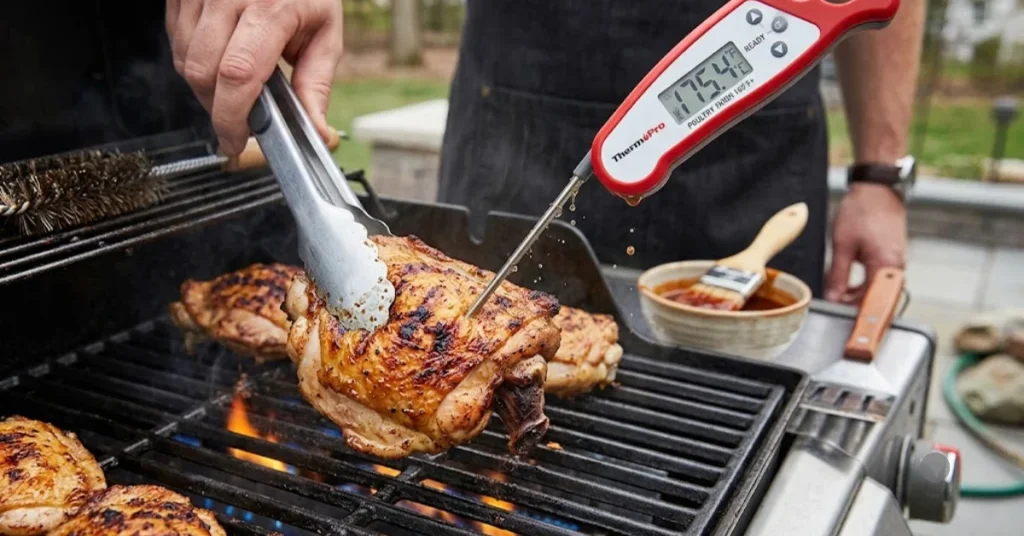 A hand uses tongs to lift a chicken thigh from a grill, as a digital thermometer reads 175.4°F.