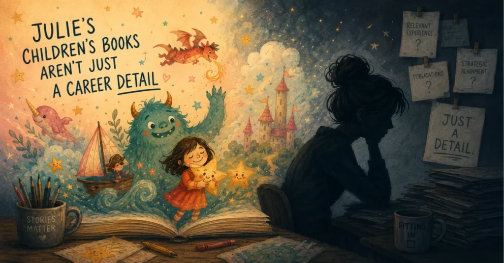 Colorful children's book illustrations contrasted with dark silhouette of woman at desk, symbolizing Julie's dual reality in A Mouthful of Air