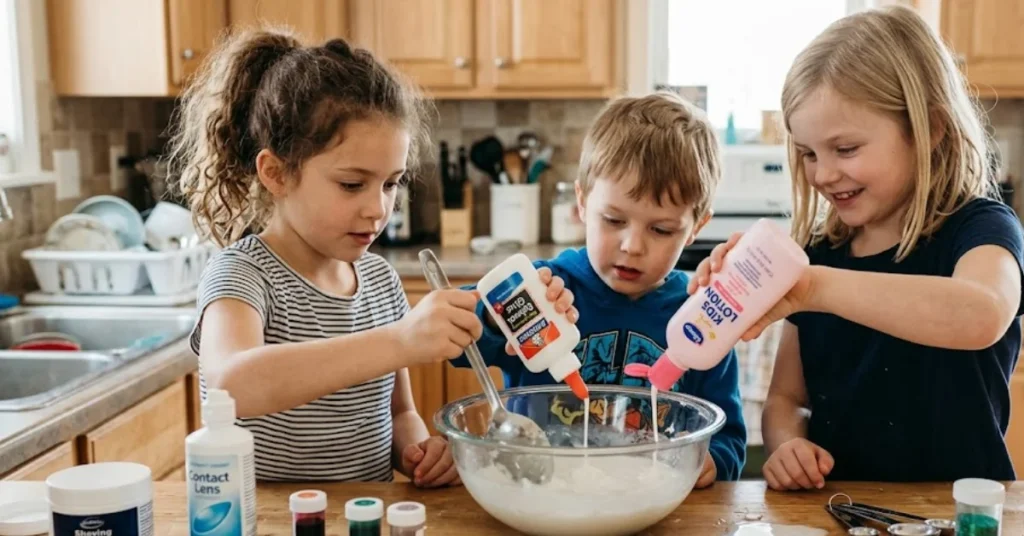 Three children happily make slime together in a kitchen using glue, lotion, and craft supplies.