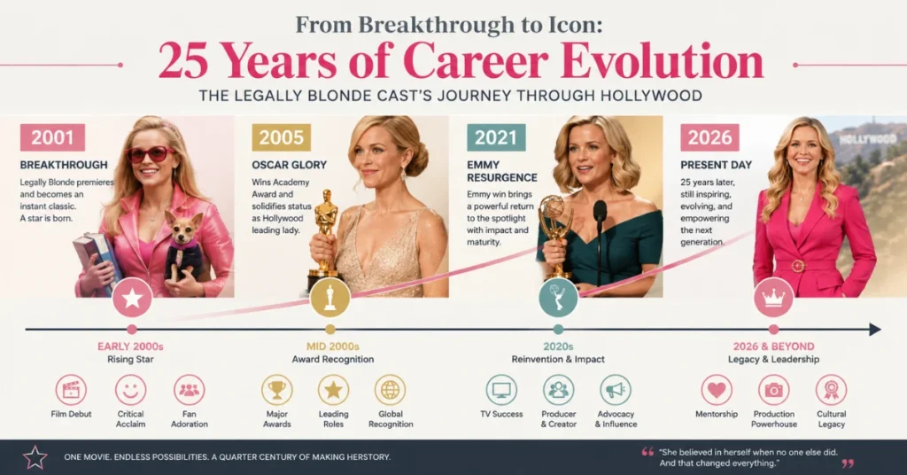 Legally Blonde cast career evolution timeline from 2001 to 2026 showing awards and milestones