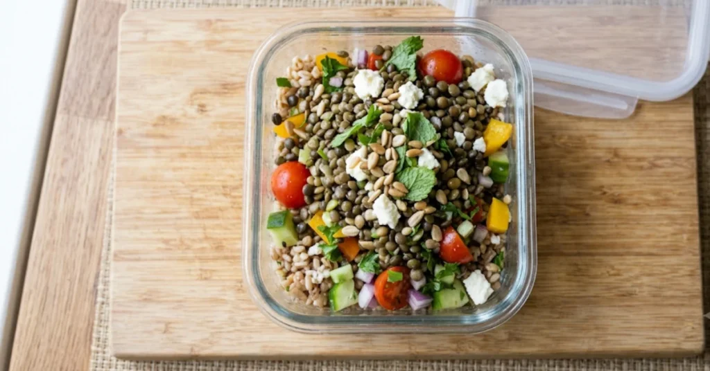 Glass container with lentil grain salad, tomatoes, feta, cucumber, peppers, seeds and herbs on wooden cutting board