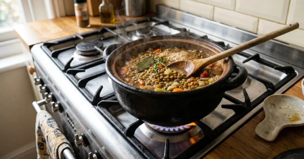 A steaming clay pot of lentil soup with carrots and herbs simmers on a gas stove, with a wooden spoon resting inside.