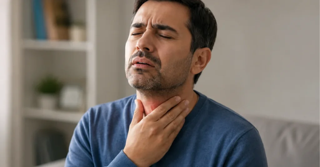 Man holding his throat in pain when swallowing