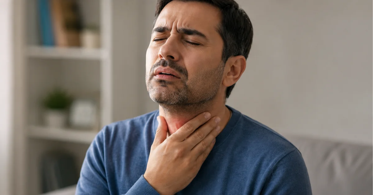 Man holding his throat in pain when swallowing