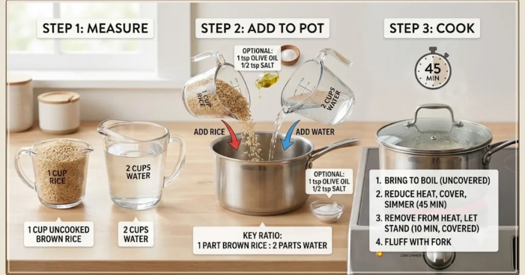 An infographic showing the 1:2 ratio of brown rice to water and a three-step process to measure, add to a pot, and simmer for 45 minutes.