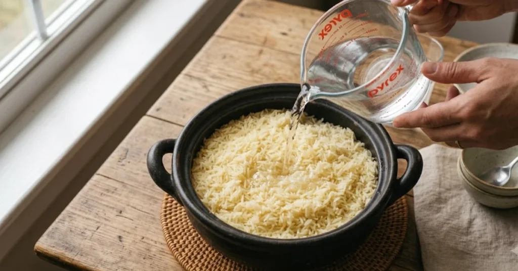 A hand pouring water from a glass measuring cup into a rustic black pot filled with cooked parboiled rice.