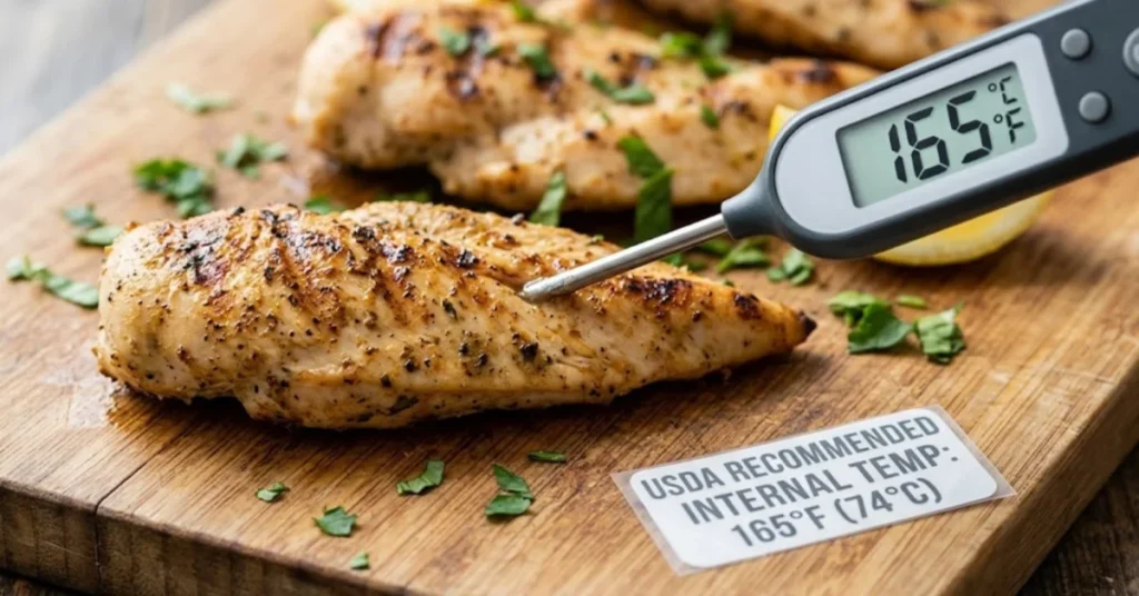 A digital meat thermometer reading 165°F inserted into a grilled chicken tenderloin on a wooden cutting board.