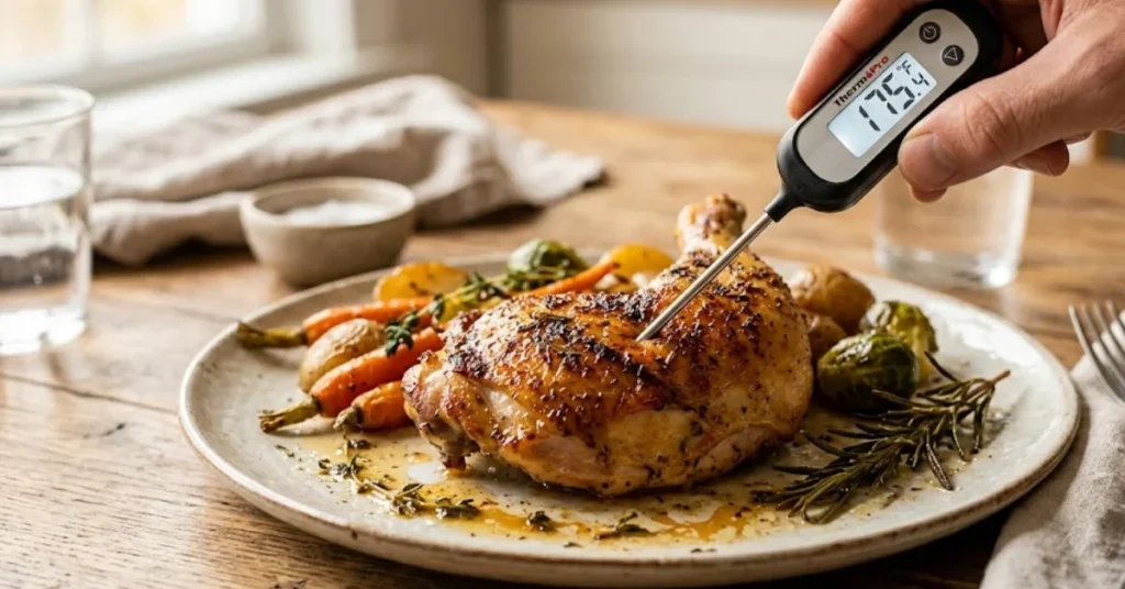 Person checking chicken thigh internal temperature with a digital thermometer reading 175.4°F.