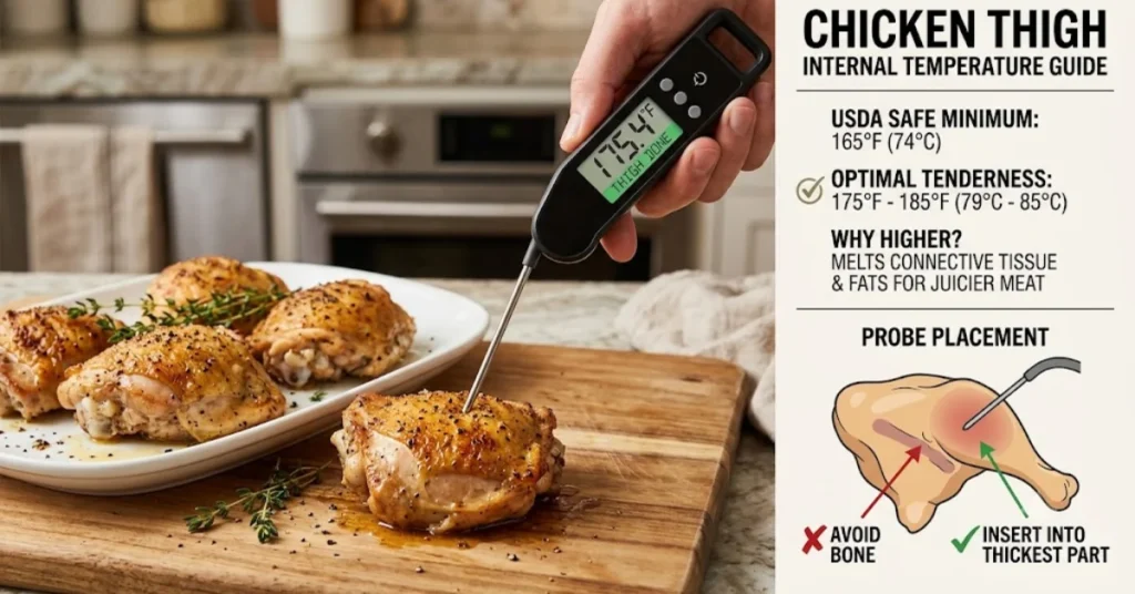 A hand inserting a digital meat thermometer into a cooked chicken thigh on a cutting board, displaying 175.4°F, alongside an internal temperature and probe placement guide.