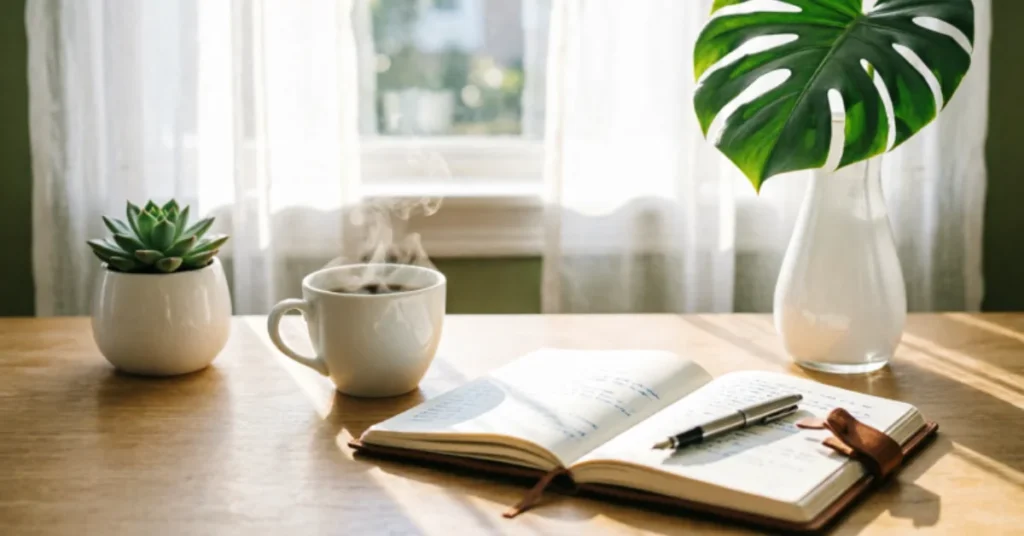 Open journal with pen and steaming coffee cup on wooden desk, morning sunlight with plants for mindful morning routine