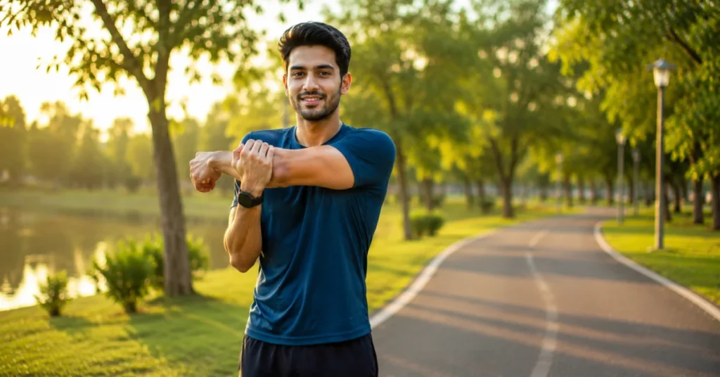 Smiling man stretching outdoors in park during morning sunlight for healthy morning routine exercise