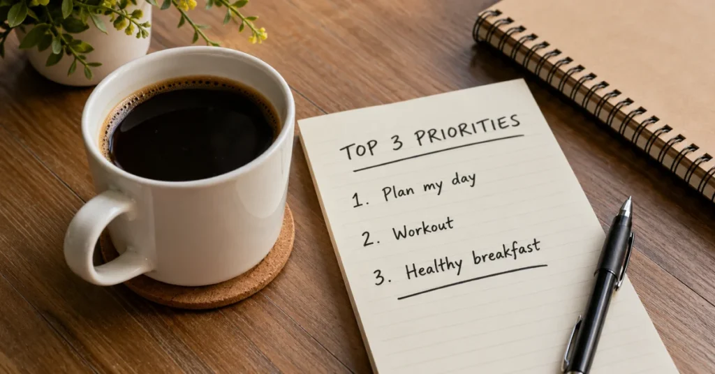 Handwritten top 3 priorities list with coffee cup and notebook for morning routine planning