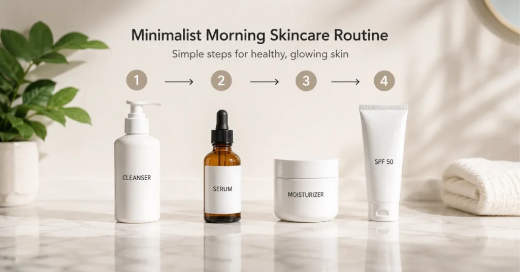 Minimalist morning skincare routine showing 4 steps in order: cleanser, serum, moisturizer, and SPF 50 sunscreen on marble counter