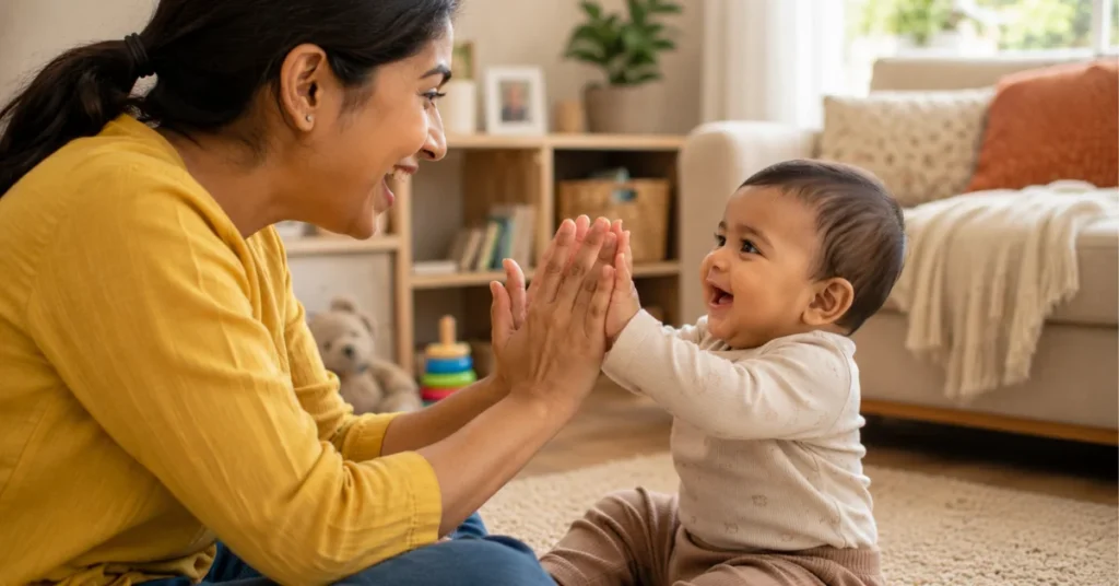 Mother teaching baby to clap - 9 month old infant clapping hands during pat-a-cake game at home