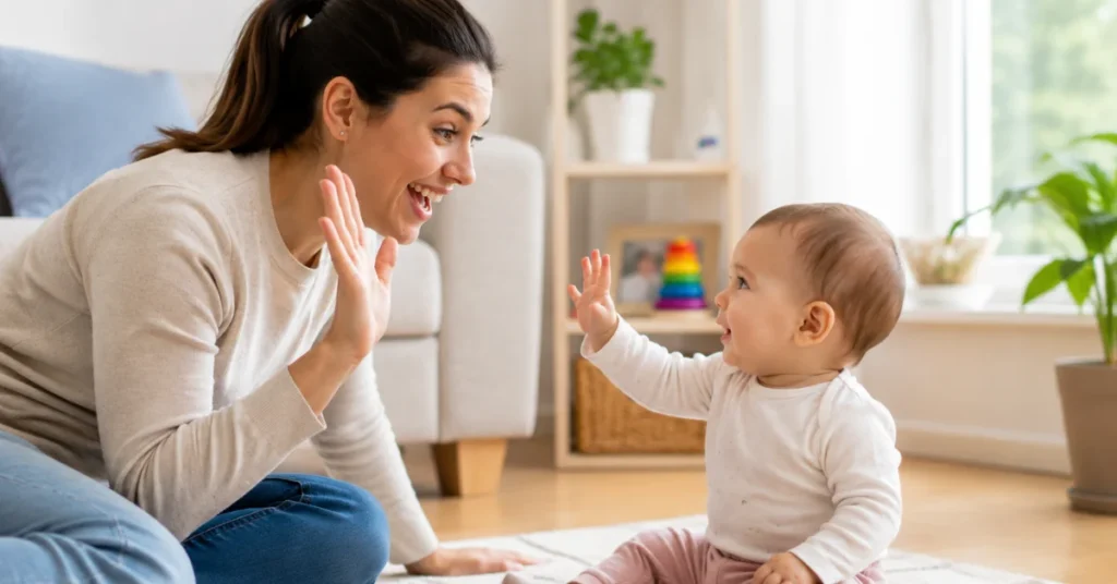Mother modeling wave gesture to baby sitting on floor, demonstrating how to teach baby waving milestone