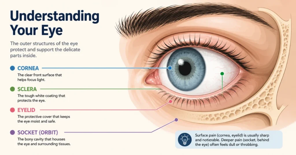Educational diagram showing eye anatomy including cornea, sclera, eyelid and socket with explanation of surface versus deep eye pain