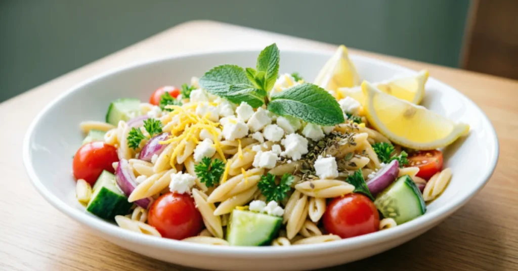 A white bowl filled with orzo pasta salad featuring cherry tomatoes, diced cucumber, red onion, crumbled feta cheese, lemon zest, fresh mint and parsley garnish, and lemon wedges on the side.