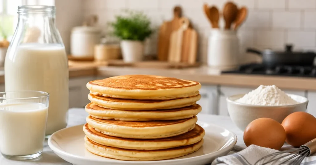 Fluffy pancakes with milk in a bright kitchen.