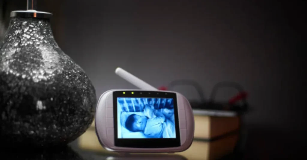 Baby monitor displaying a sleeping infant beside a softly lit lamp at night.