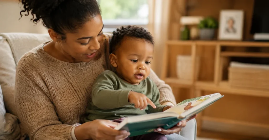 Mother reading colorful board book to toddler who is pointing at the page during interactive storytime