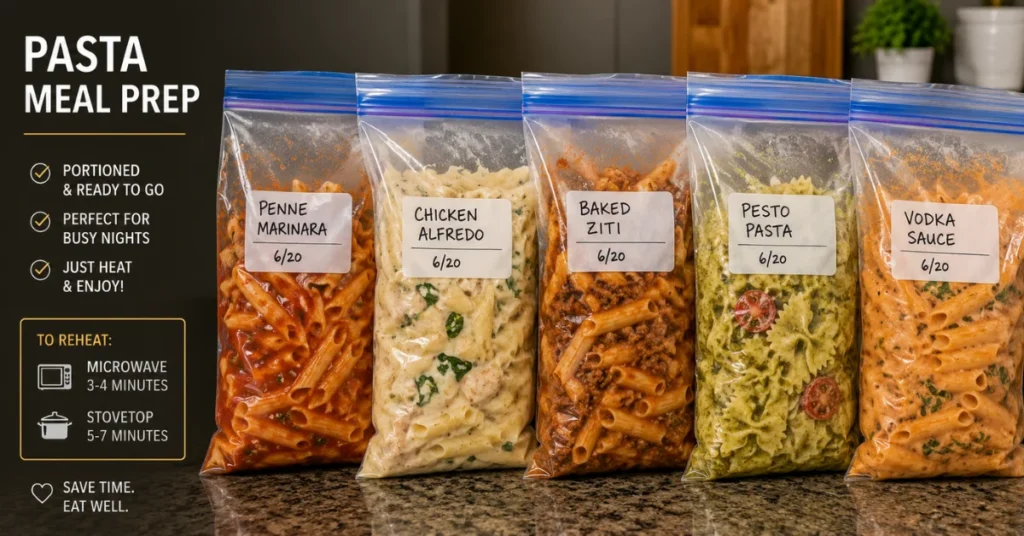 Portioned pasta meal prep in labeled freezer bags on a kitchen counter.