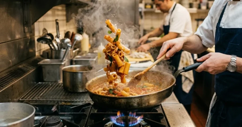Chef tosses pasta in a professional kitchen.