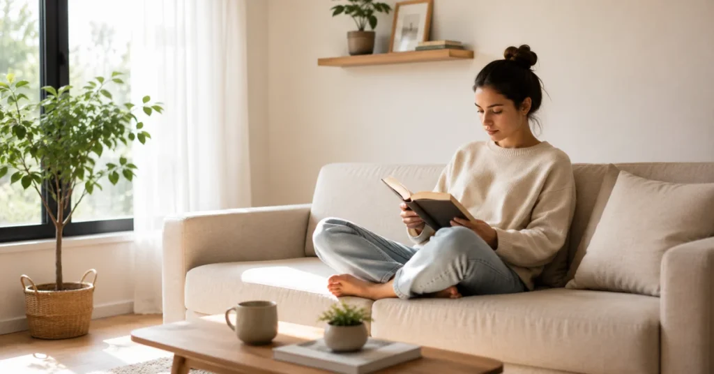 Woman reading book on beige couch in peaceful, uncluttered living room with natural light