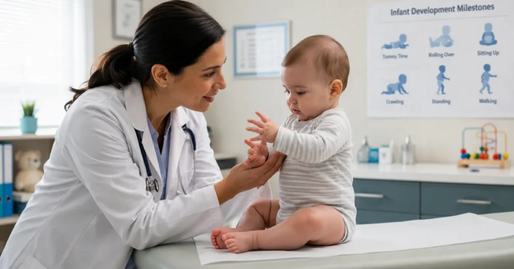 Pediatrician gently examining a baby's hand during a developmental milestone checkup
