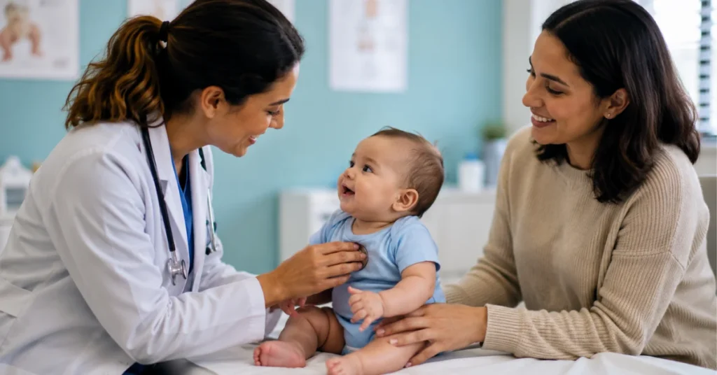 Pediatrician examining happy baby with mother present during routine well-child checkup