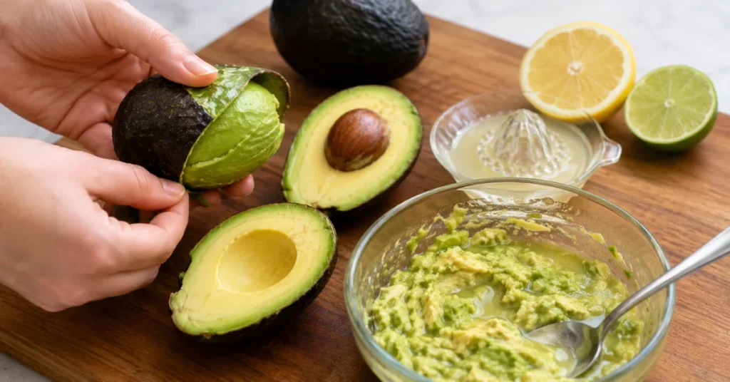 Hand peeling and pitting avocado with lemon and lime juice nearby.Can You Freeze Avocados