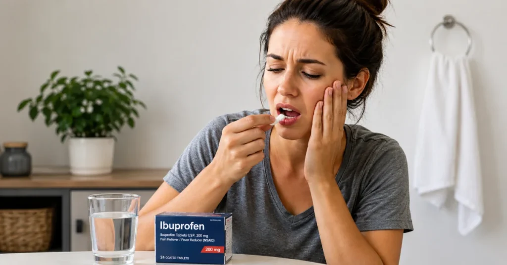 Person with tooth pain taking an ibuprofen tablet while holding their cheek, with a glass of water and pain relief medicine on the table.
