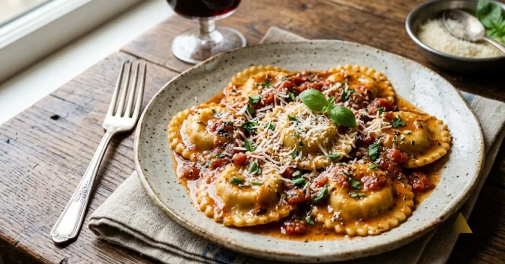 A plate of ravioli coated in rich marinara sauce, topped with grated parmesan cheese and fresh basil, served on a rustic wooden table next to a fork and a glass of red wine.