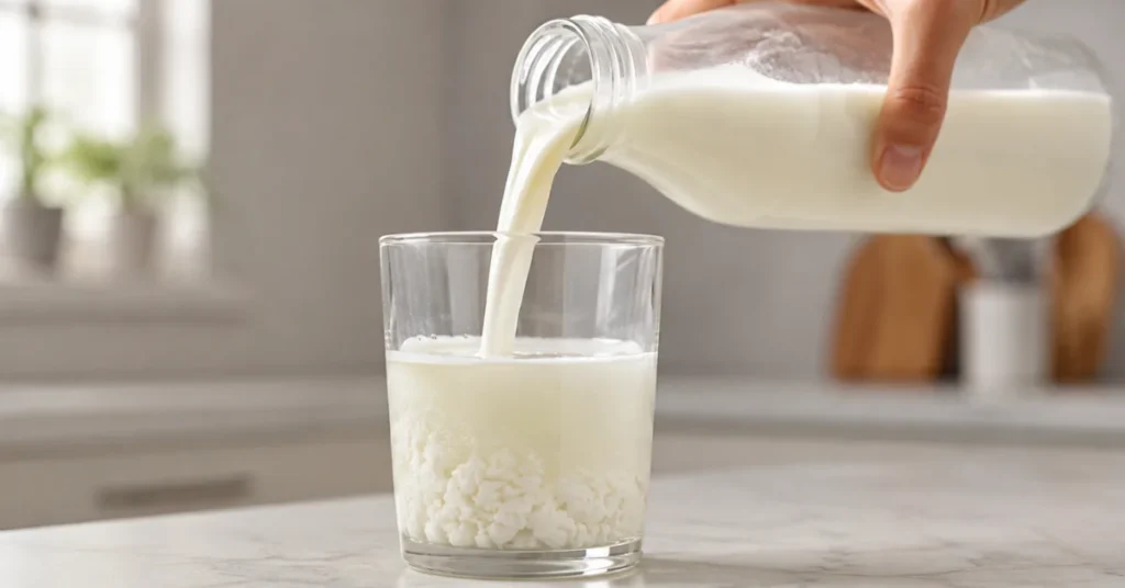 Thawed milk being poured into a glass with visible separation.