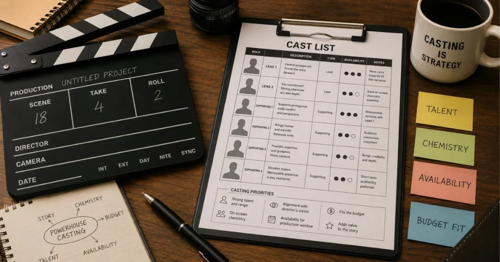 Casting call sheet with silhouettes showing powerhouse casting strategy priorities: talent, chemistry, availability, and budget fit