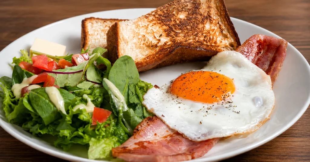 A white breakfast plate with golden toasted bread, a sunny-side-up egg seasoned with black pepper, grilled ham slices, a fresh green salad with tomatoes and onions, and a pat of butter, served on a wooden table in natural light.