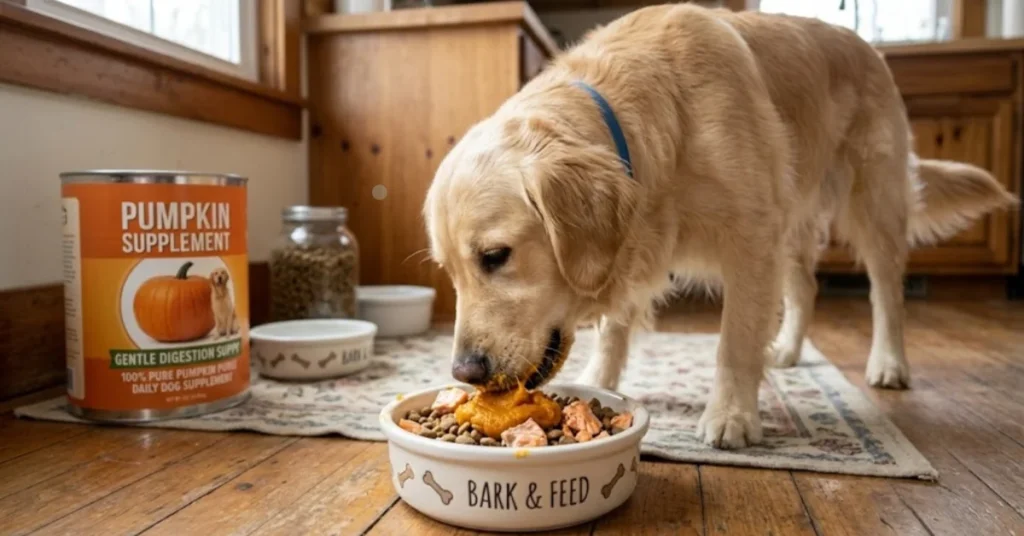 A Golden Retriever dog eats from a food bowl on a wooden floor in a kitchen. A large can labeled "Pumpkin Supplement" is next to the bowl.