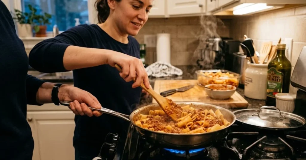 A person stirs a pan of rigatoni pasta with meat sauce over a lit gas stove burner in a kitchen.

