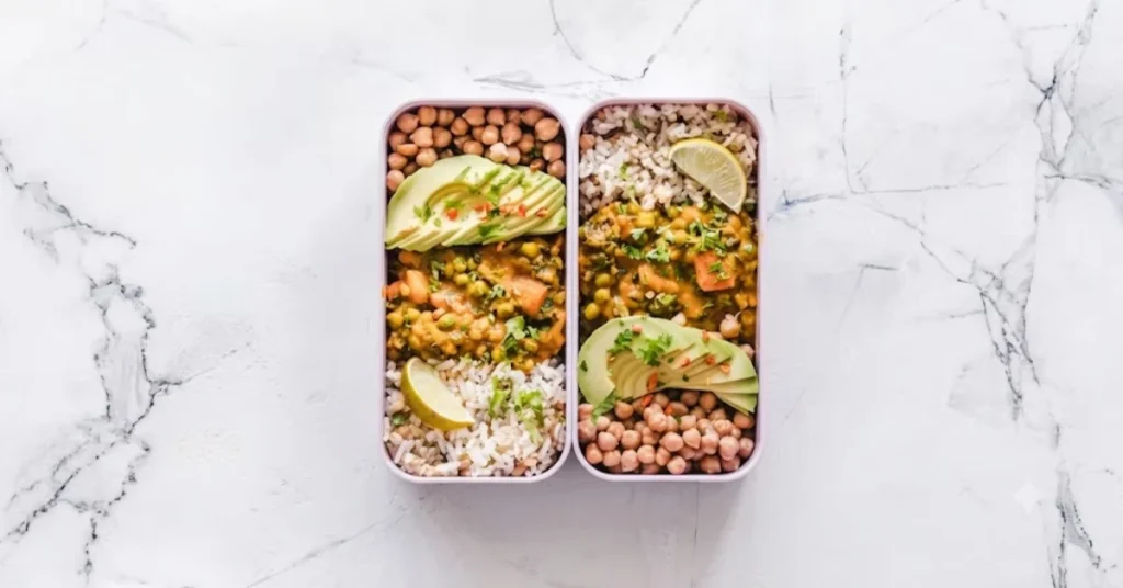 Two bento-style lunch boxes filled with chickpeas, rice, curry, sliced avocado, and lime wedges, set on a white marble surface.