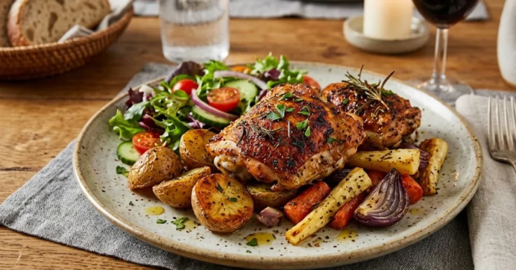 Roasted chicken thighs served with roasted baby potatoes, root vegetables, and a fresh side salad on a rustic dinner plate.