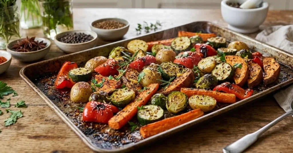 A rustic metal baking sheet filled with steaming, freshly roasted vegetables on a wooden table, surrounded by spices, herbs, and a vintage serving spoon.