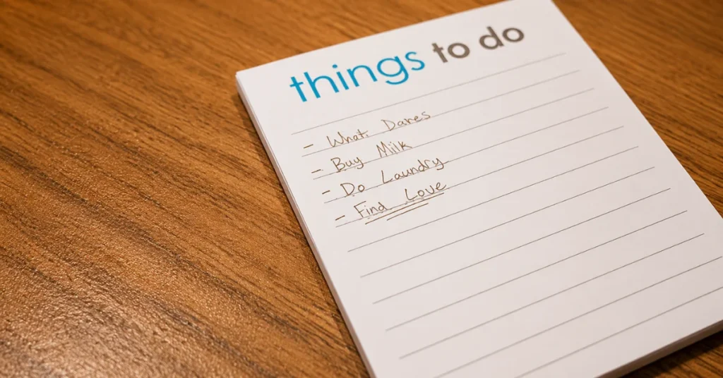A white "Things to Do" notepad rests diagonally on a wooden table, featuring a handwritten checklist with items including "Buy Milk," "Do Laundry," and "Find Love," with ample blank space below the list.