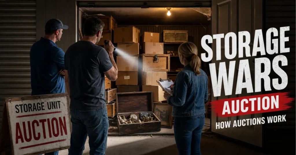 Storage Wars buyers inspecting storage unit with flashlight and clipboard at auction.