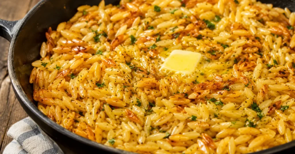 Golden butter-toasted orzo in a skillet with herbs and melting butter.