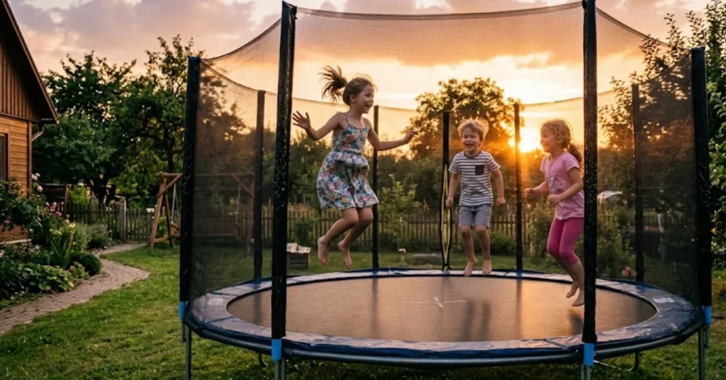 Three children jumping joyfully on a large, netted backyard trampoline during a warm, golden hour sunset. A girl in a floral dress is suspended mid-air on the left, a boy in a striped shirt jumps in the center, and another girl in pink pants bounces on the right. The background features a green lawn, a wooden house on the left, garden foliage, and a soft, cloud-filled sky illuminated by the setting sun.