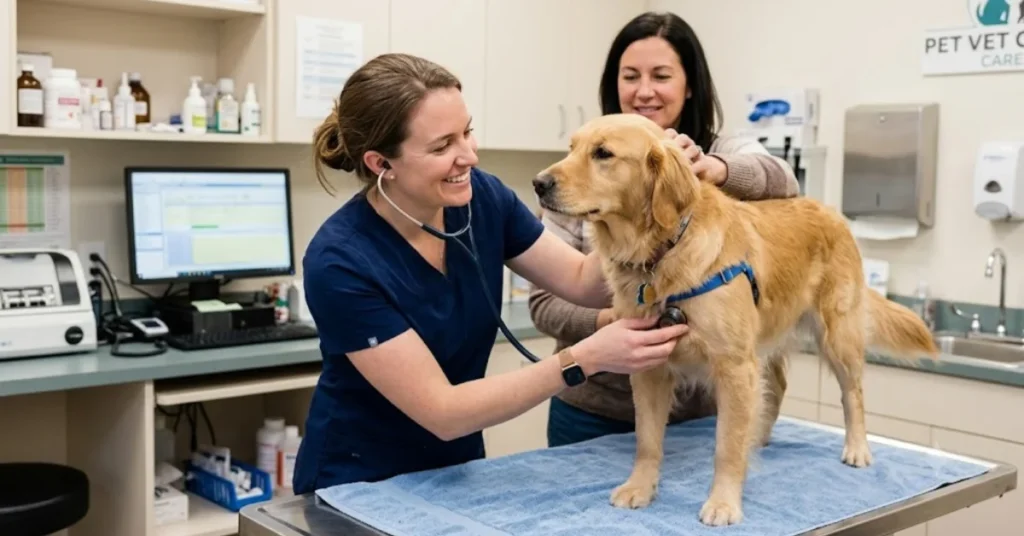 A veterinarian uses a stethoscope to examine a golden retriever standing on a blue towel-covered table, while the owner comforts the dog in a modern veterinary clinic.