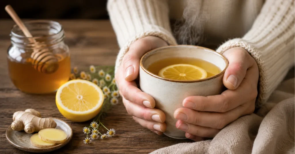 Hands holding warm tea with lemon, honey, ginger, and chamomile flowers - natural home remedy for sore throat.