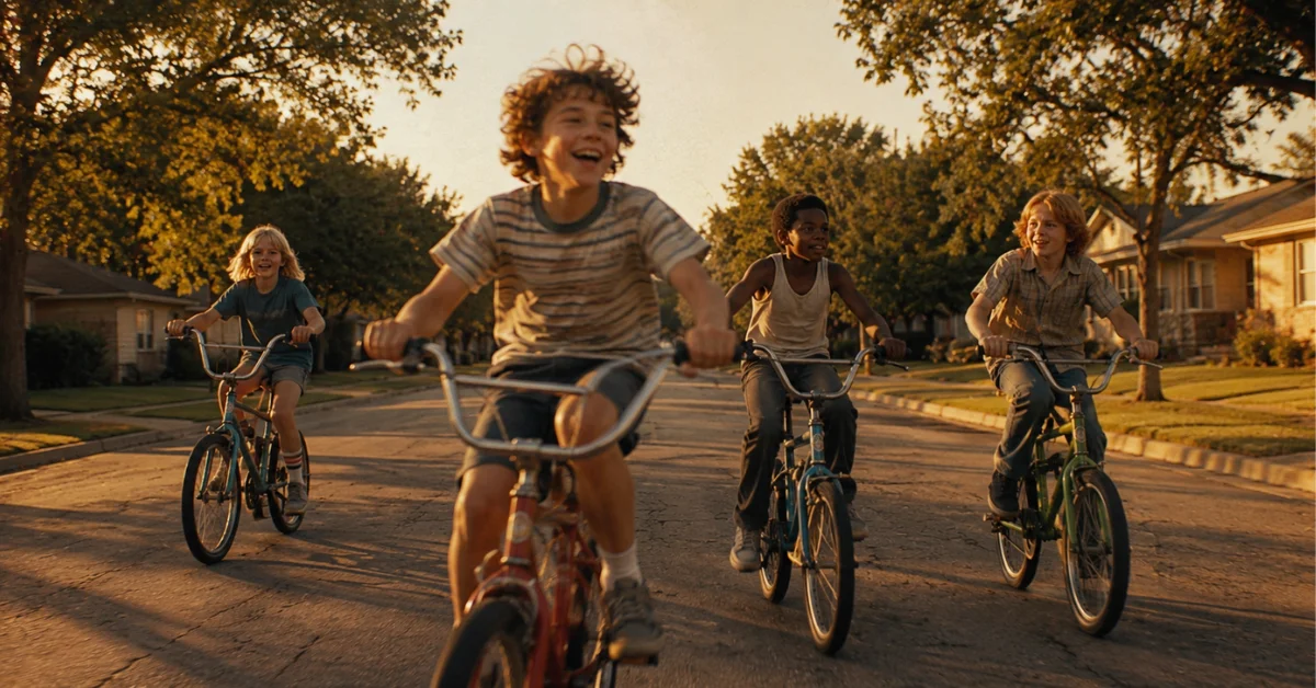 Weren't we free back then? Children riding bikes unsupervised down a suburban street during golden hour, representing 1980s childhood freedom.