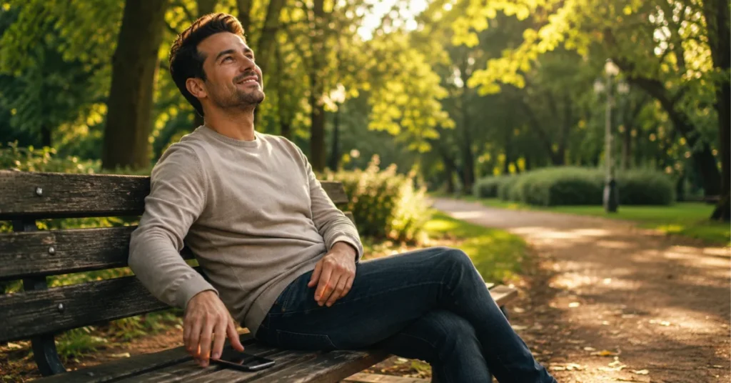 Weren't we free back then? Man on park bench with phone set aside, looking up with peaceful smile during golden hour, reclaiming unstructured time.