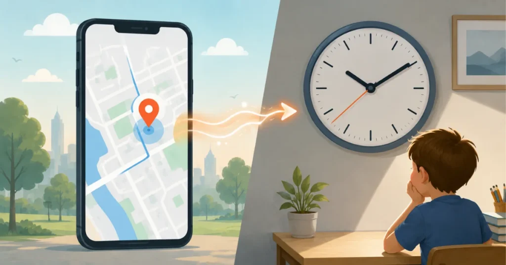 Weren't we free back then? Child indoors watching clock contrasted with smartphone GPS tracking and outdoor freedom.